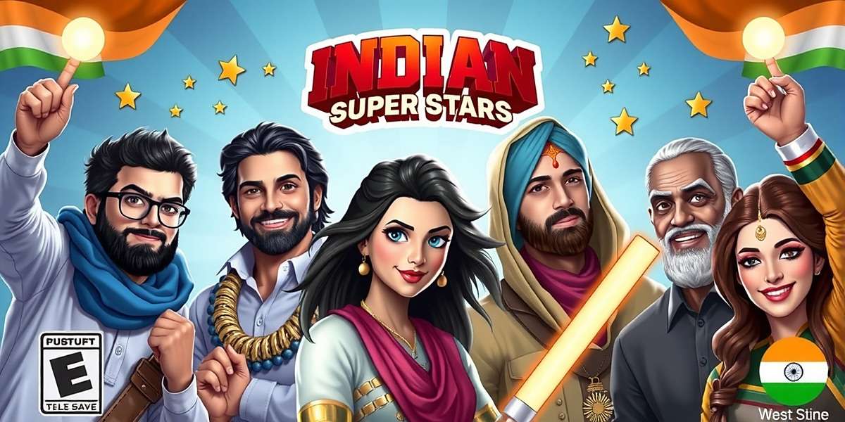 Indian Super Stars Game Cover Indian Super Stars game cover featuring diverse Indian characters from different regions celebrating together