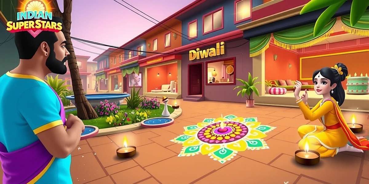 Indian Super Stars Diwali Celebration Indian Super Stars Diwali event screenshot showing characters celebrating with rangoli and diyas in a virtual Indian street